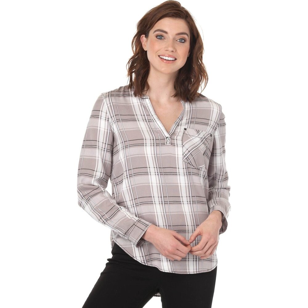 Calvin Klein Jeans Plaid V Neck Button Down Shirt Top Alloy